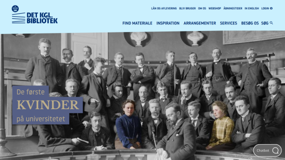Website promoting the first women at the university, featuring a historical group photo.