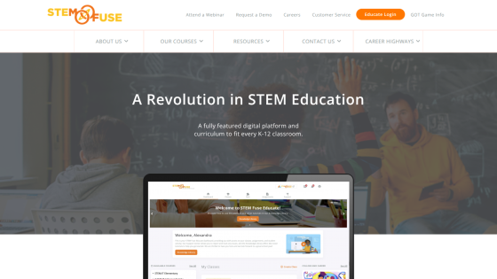 STEM education platform featuring a digital curriculum overview and engaging classroom scene.