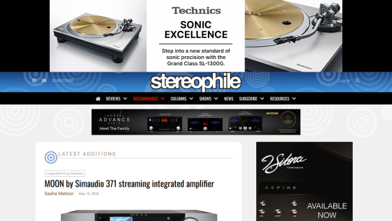 Stereophile website featuring Technics turntable and latest audio additions.