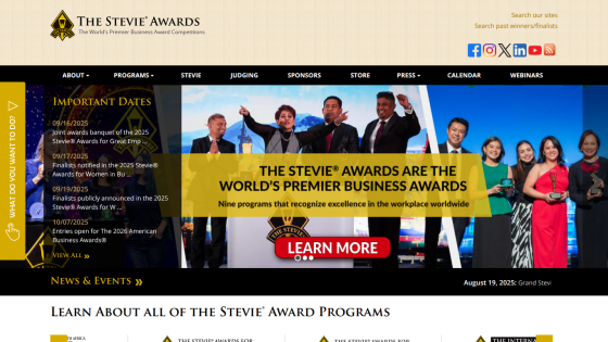 Homepage of The Stevie Awards featuring key dates and a call to action to learn more.