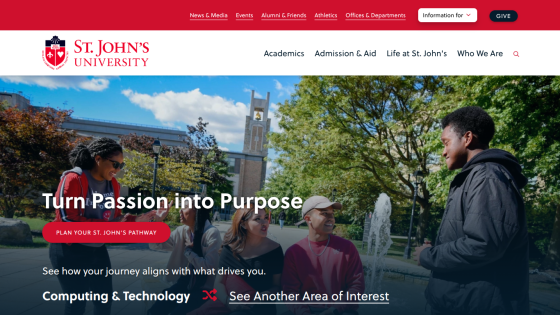 Homepage of St. John's University featuring a call to action about pursuing passions.