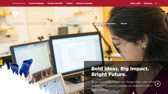 Homepage of St. Lawrence University featuring a student working with computers and a bold mission statement.