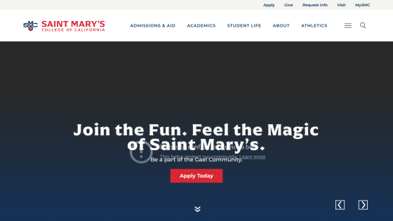 Homepage of Saint Mary's College featuring a call to action to apply.