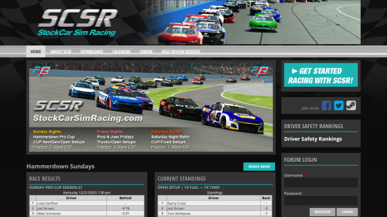 Homepage of Stock Car Sim Racing featuring racing cars and navigation options.