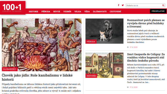 Homepage of 100+1 magazine with articles on cannibalism in history, dog breed diversity, and historical murder case
