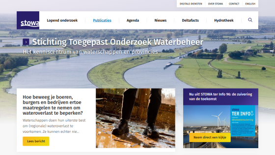 Website of Stichting Toegepast Onderzoek Waterbeheer with navigation, hero image of water landscape, and articles on water management