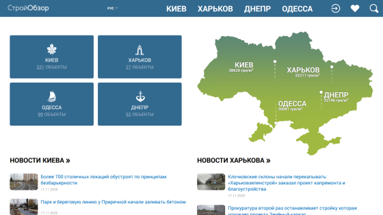 Website showing real estate data and news for Kyiv, Kharkiv, Odessa, and Dnipro with a map and property counts