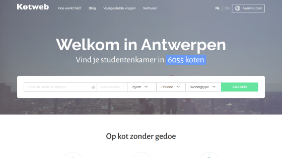 Kotweb homepage welcoming users to Antwerp with a search bar to find student rooms among 6055 listings
