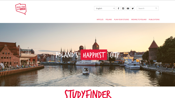 Study in Poland website with a scenic city waterfront and text Poland's happiest city and Studyfinder
