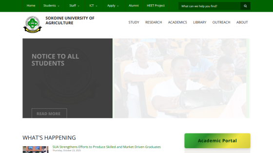 Sokone University of Agriculture homepage with navigation menu, notice to students, and academic portal button