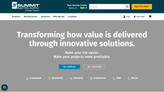 Summit Electric Supply homepage with navigation and hero text about delivering value through innovative solutions and buttons for supplies and solutions