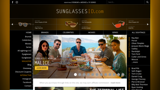 SunglassesID homepage featuring sunglasses worn in the movie Malice with navigation links and popular brands and celebrities