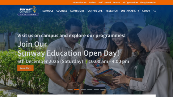 Sunway University homepage promoting Education Open Day on 6th December 2025 with navigation menu and group of students reading brochures