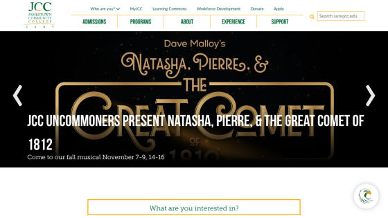 Jamestown Community College site with navigation and announcement of fall musical Natasha, Pierre, & The Great Comet of 1812