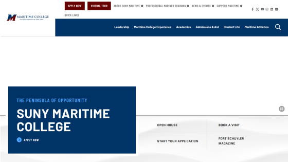 SUNY Maritime College homepage with navigation links and call to action to apply now