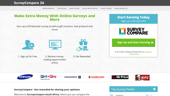 Homepage of SurveyCompare ZA promoting online surveys with key benefits listed.