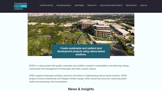 Sustainable Sites Initiative homepage with navigation and a hero image promoting sustainable land development projects