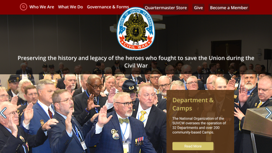 Website header with navigation and a hero section about preserving the legacy of Union Civil War heroes with a group photo and info on departments and camps