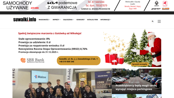 Suwalki.info homepage with news navigation, real estate investment ad for ul. Sportowa, and local news headlines.