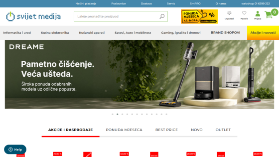 Homepage of Svijet Medija featuring a vacuum cleaner promotion and navigation options.