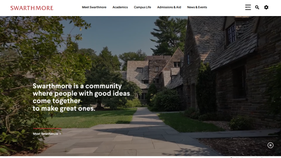 Swarthmore College homepage featuring a pathway and text about community and ideas.