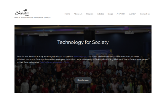 Homepage of Senapathy Foundation showing 'Technology for Society' with navigation menu and a crowd background image