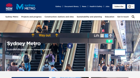 Sydney Metro homepage with navigation menu and hero image showing people on escalators at a metro station