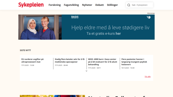 Sykepleien website with navigation, search, ad banner, and latest news headlines on health topics