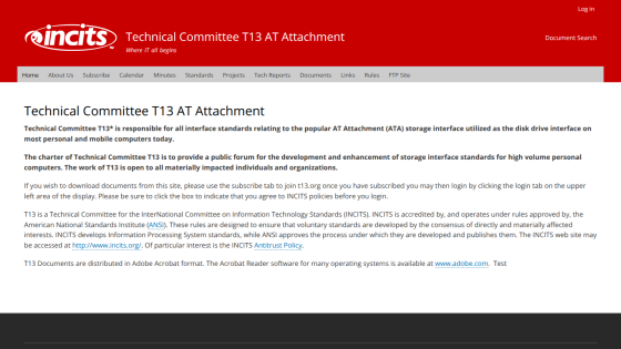 Technical Committee T13 AT Attachment page describing interface standards for ATA storage on personal and mobile computers