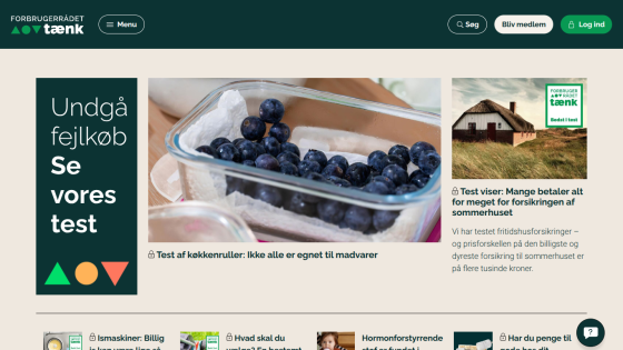 Homepage featuring a test on food quality with images of blueberries and related articles.