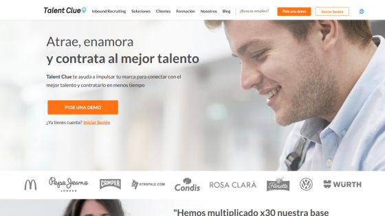 Talent Clue homepage with headline about attracting and hiring top talent, demo button, and client logos