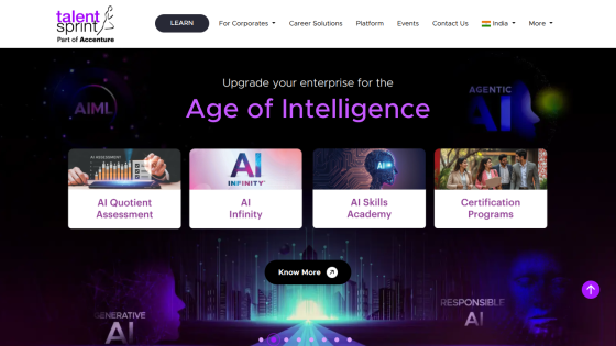 TalentSprint homepage featuring AI Quotient Assessment, AI Infinity, AI Skills Academy, and Certification Programs