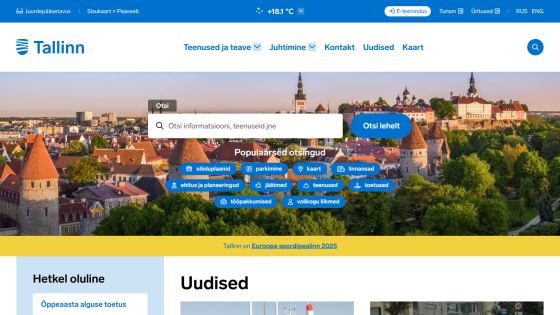 Tallinn cityscape with search bar and navigation links for tourism information.