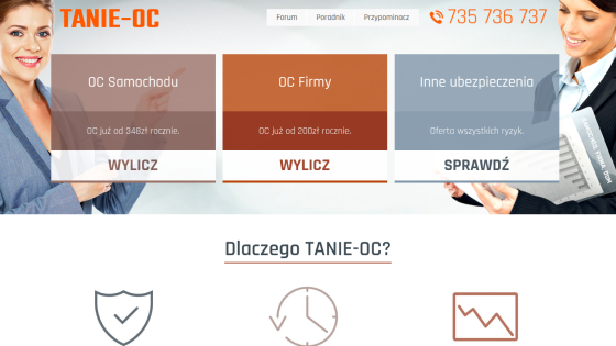 Insurance service homepage with options for car and business insurance, contact number displayed.
