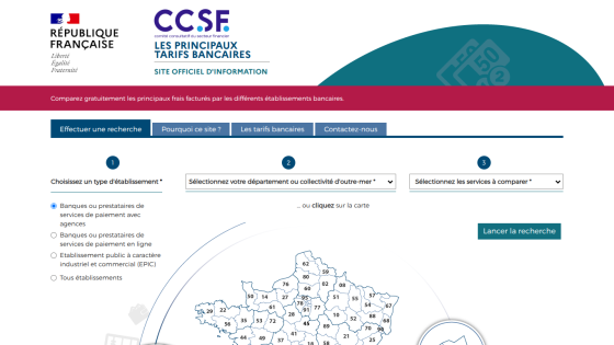 Official site for banking services in France, featuring a search bar and regional map.