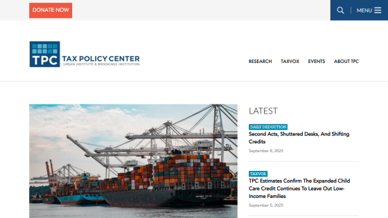 Homepage of the Tax Policy Center featuring latest articles and a large image of shipping containers.
