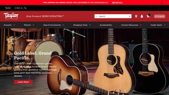Taylor Guitars homepage featuring Gold Label guitars and navigation options.