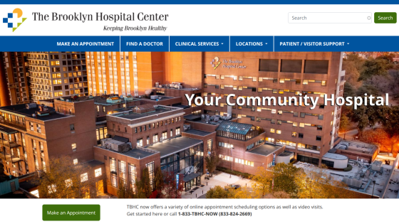 The Brooklyn Hospital Center homepage with navigation and a call to make an appointment, featuring a hospital building image and contact info.
