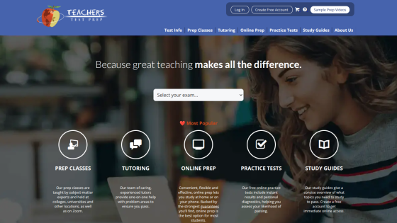 Teachers Test Prep homepage with navigation and options for prep classes, tutoring, online prep, practice tests, and study guides