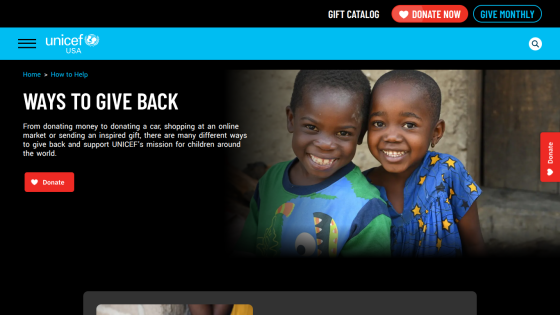 UNICEF's 'Ways to Give Back' section featuring two smiling children and a call-to-action button.