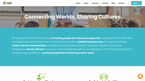 EPI website header with navigation and hero section titled 'Connecting Worlds, Sharing Cultures' describing cultural exchange and personal growth
