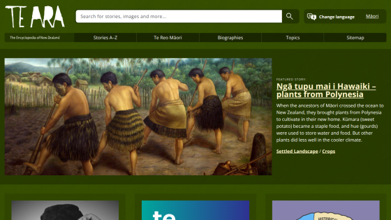 Te Ara New Zealand encyclopedia homepage with navigation and featured story on Polynesian plants