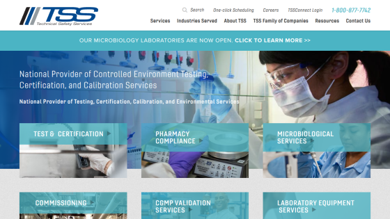 Technical Safety Services homepage featuring controlled environment testing, certification, and calibration services with navigation and contact info