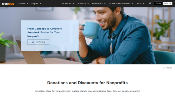 Homepage featuring a man with a mug, promoting donations for nonprofits.