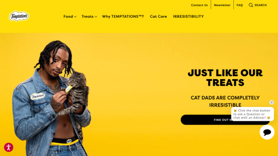 Promotional section featuring a man with a cat on a yellow background, highlighting cat treats.
