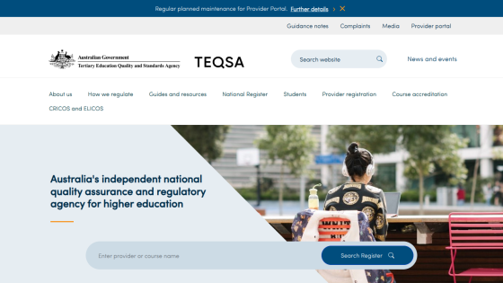 Australian Government TEQSA homepage with navigation, search bar, and headline about national quality assurance for higher education