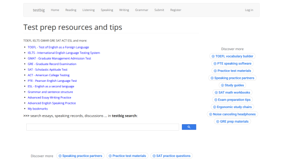 Test prep resources and tips with links to TOEFL, IELTS, GMAT, GRE, SAT, ACT, and other exams plus a search bar and tutoring session links