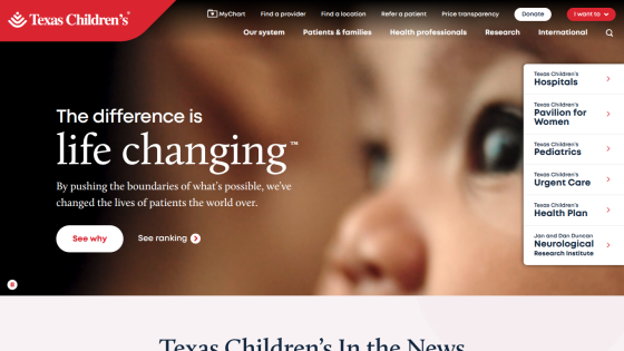 Texas Children's Hospital homepage featuring a child and the tagline about life-changing care.
