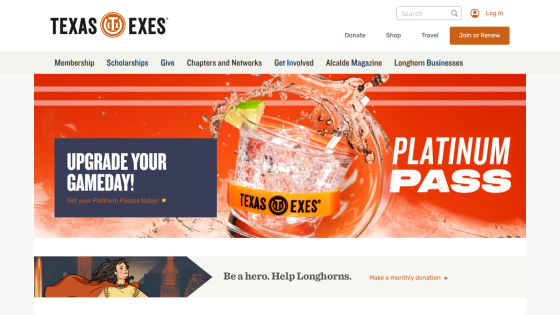 Texas Exes website promoting Platinum Pass with navigation links and donation options