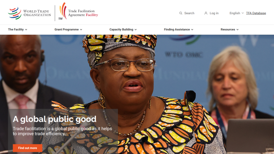 Homepage of the World Trade Organization featuring a prominent message about trade facilitation.